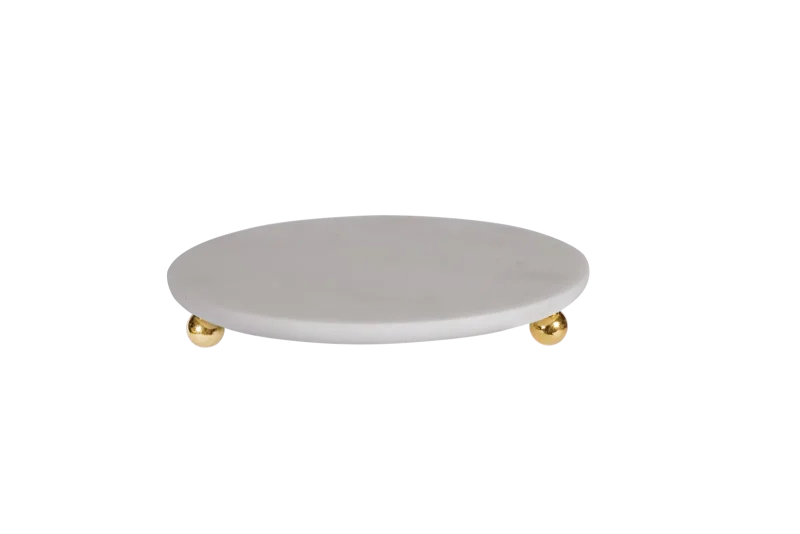 White Marble Round Tray With Gold Ball Feet