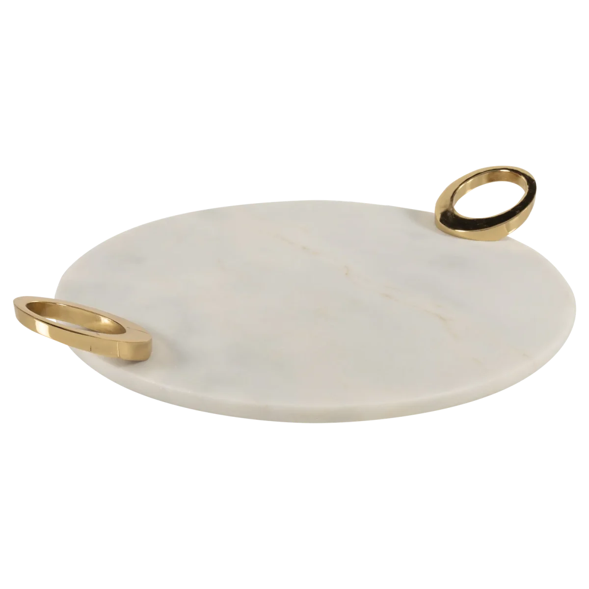 White Marble Round Tray With Gold Oval Ring Handles