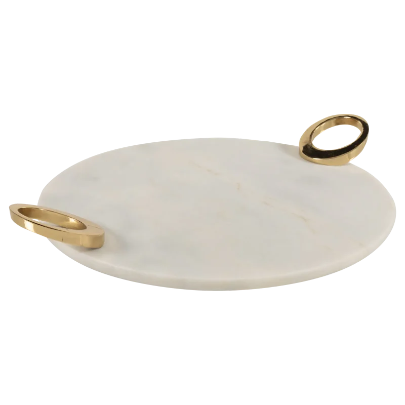 White Marble Round Tray With Gold Oval Ring Handles