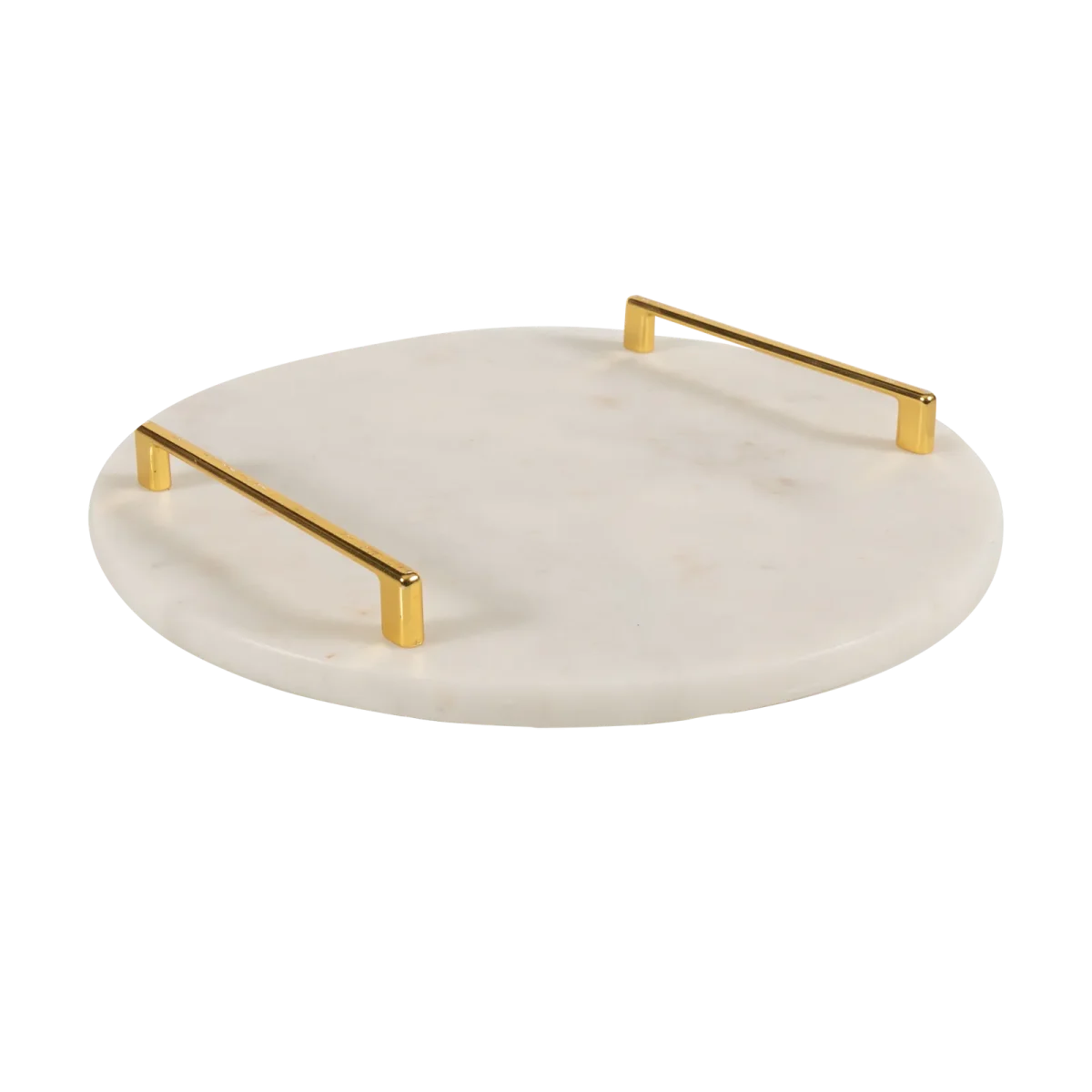 White Marble Round Tray With Gold Square Handles