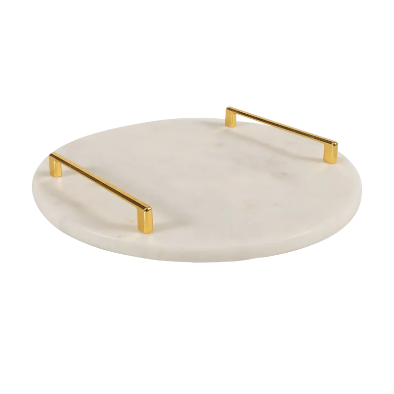 White Marble Round Tray With Gold Square Handles