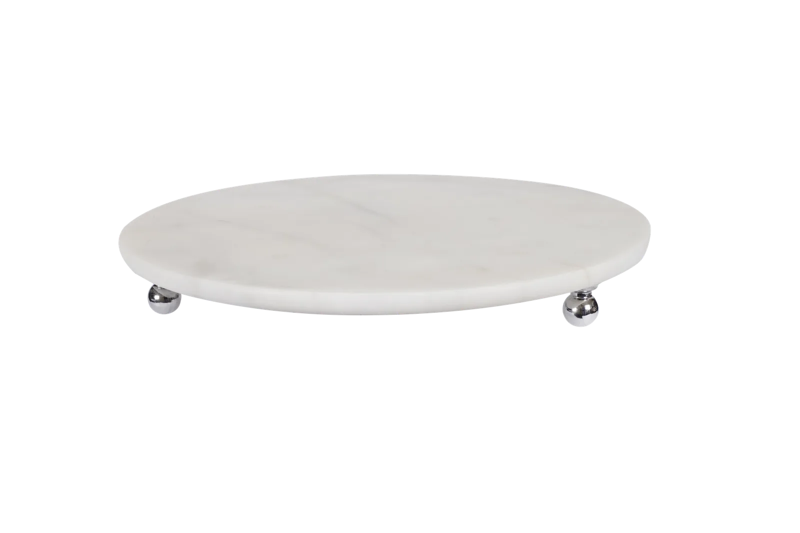 White Marble Round Tray With Silver Ball Feet