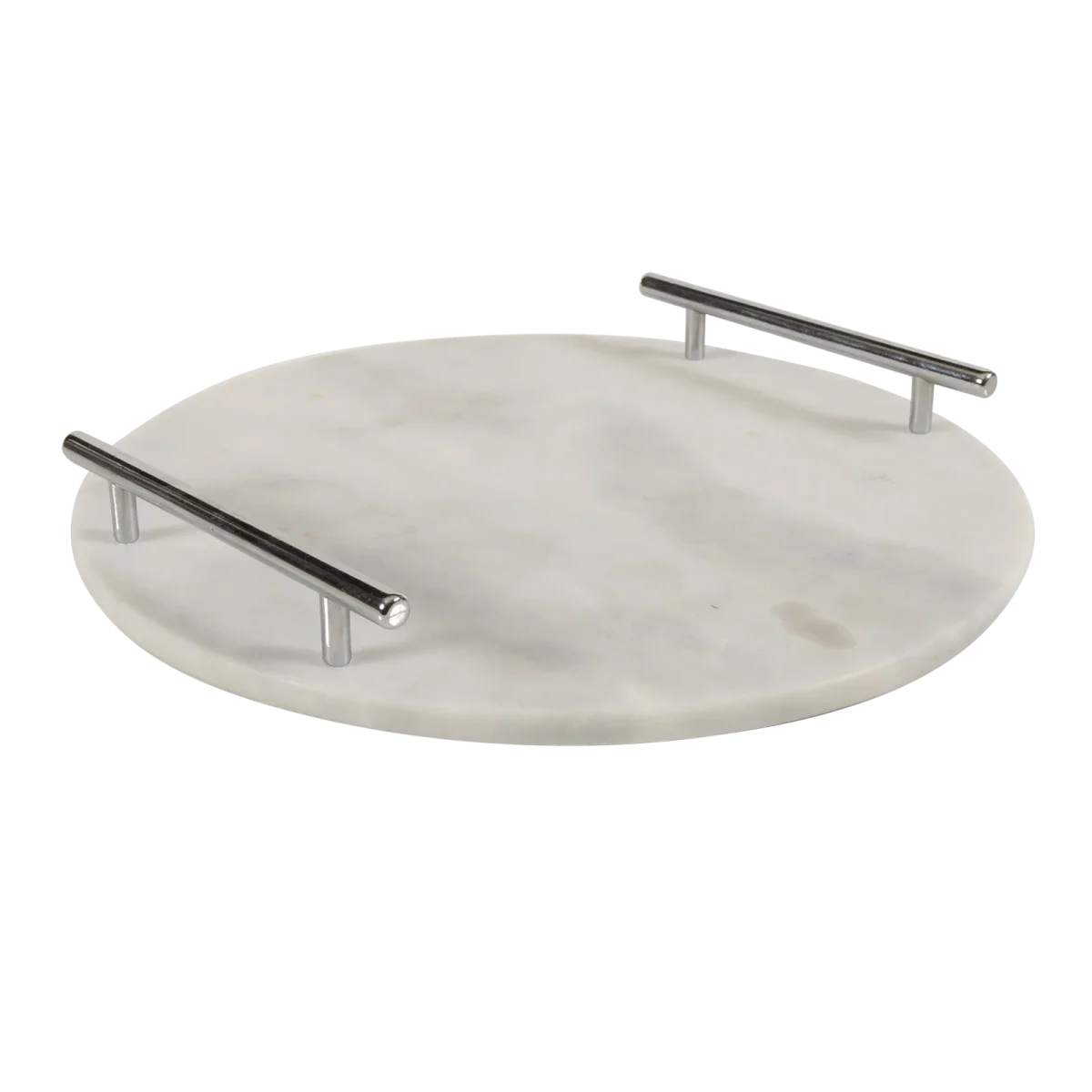 White Marble Round Tray With Silver Bar Handles