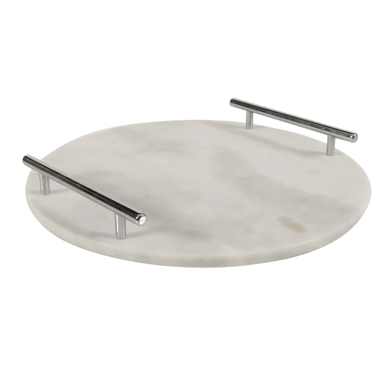 White Marble Round Tray With Silver Bar Handles