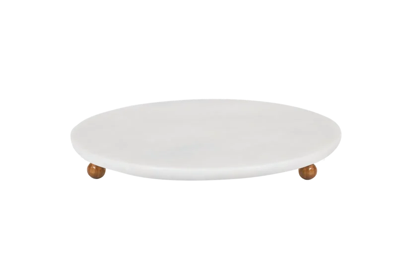White Marble Round Tray With Wooden Ball Feet