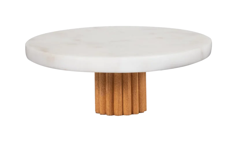 White Marble Thick Top Cake Stand With Fluted Wooden Base