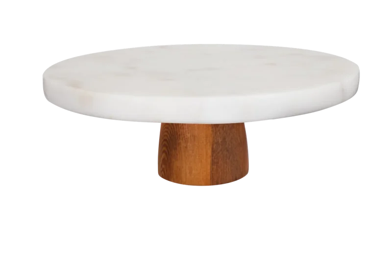 White Marble Thick Top Cake Stand With Wooden Base