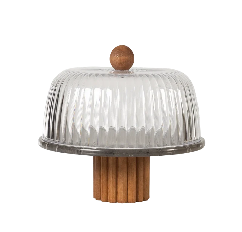 Black Marble Cake Stand With Glass Dome And Fluted Wooden Pedestal