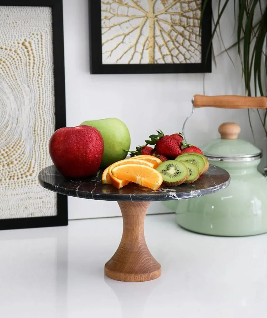 Black Marble Cake Stand With Turned Wooden Pedestal