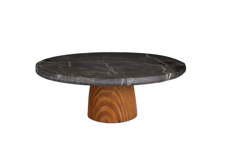 Black Marble Cake Stand With Wooden Base
