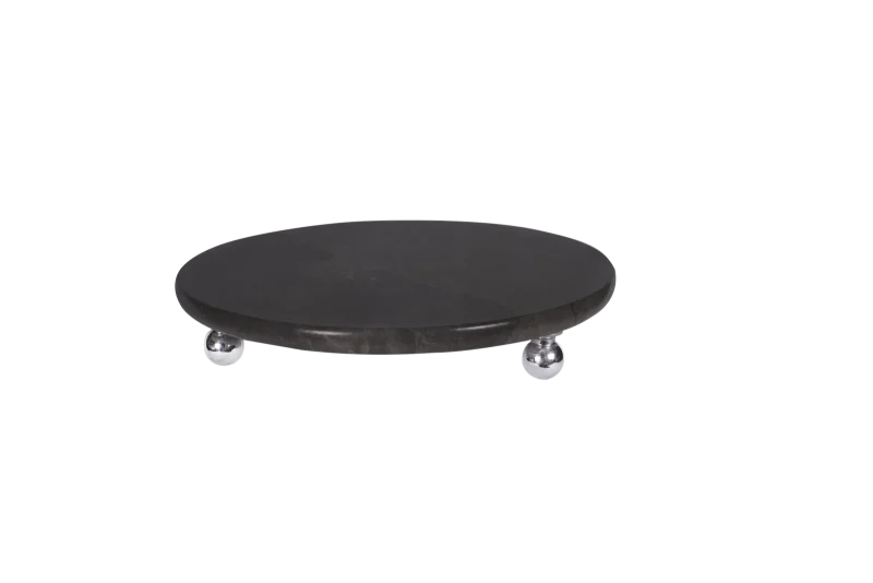 Black Marble Round Tray With Silver Ball Feet