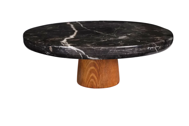 Black Marble Thick Top Cake Stand With Wooden Base