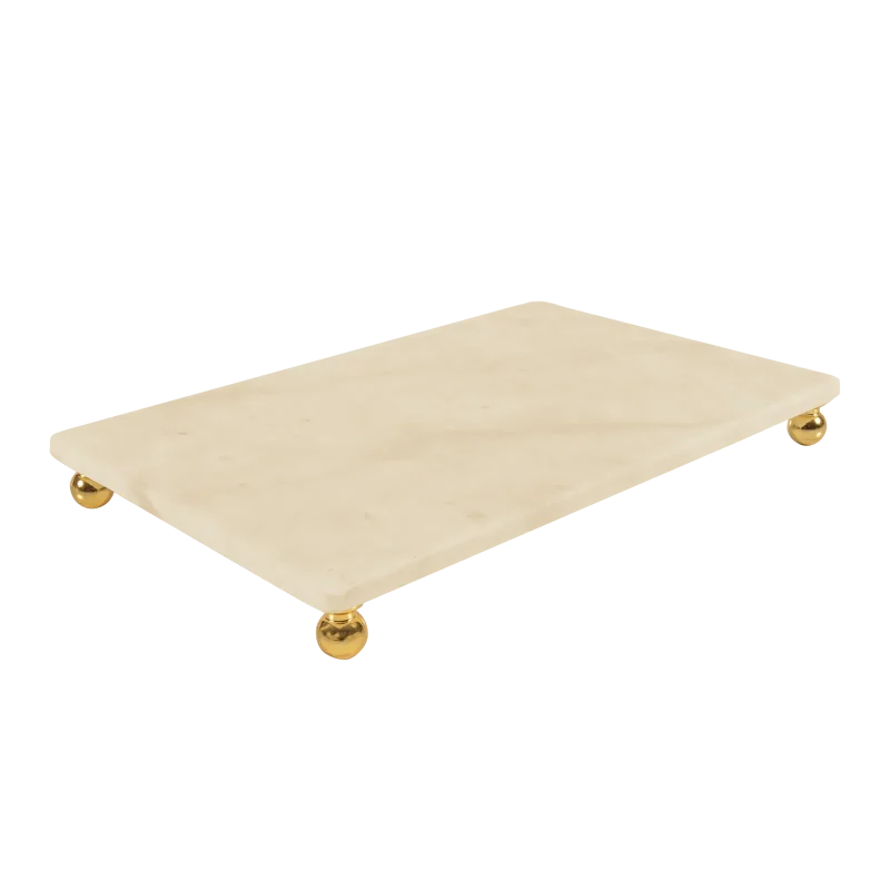 Cream Marble Rectangular Tray With Gold Ball Feet