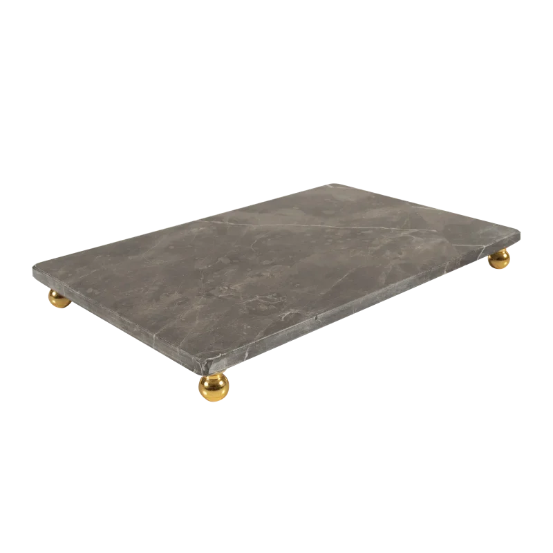 Grey Marble Rectangular Tray With Gold Ball Feet