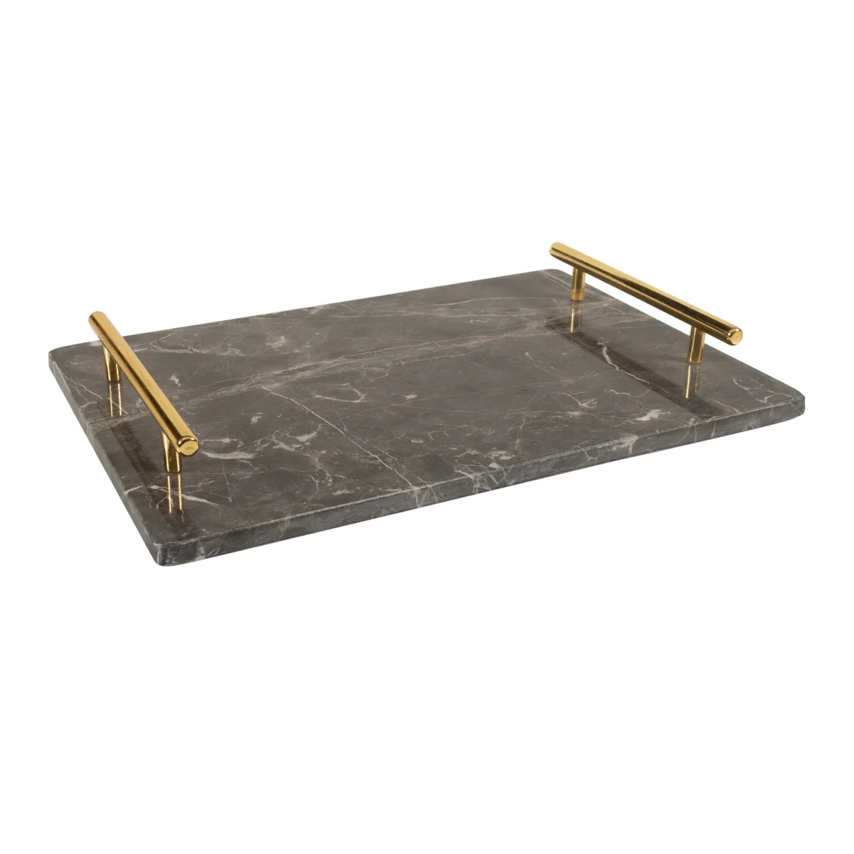 Grey Marble Rectangular Tray With Gold Bar Handles