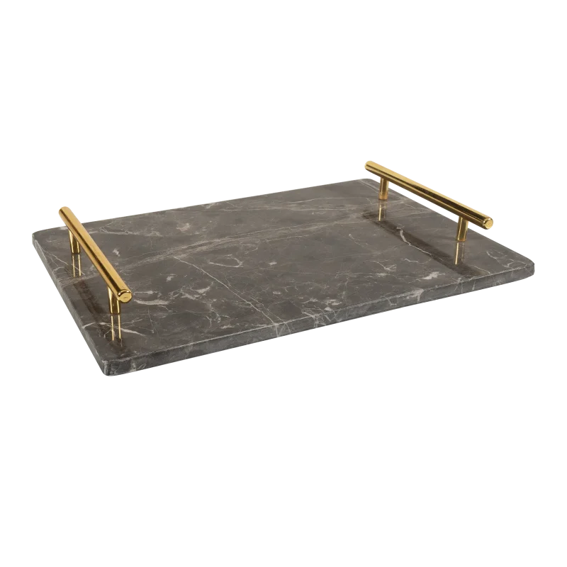 Grey Marble Rectangular Tray With Gold Bar Handles