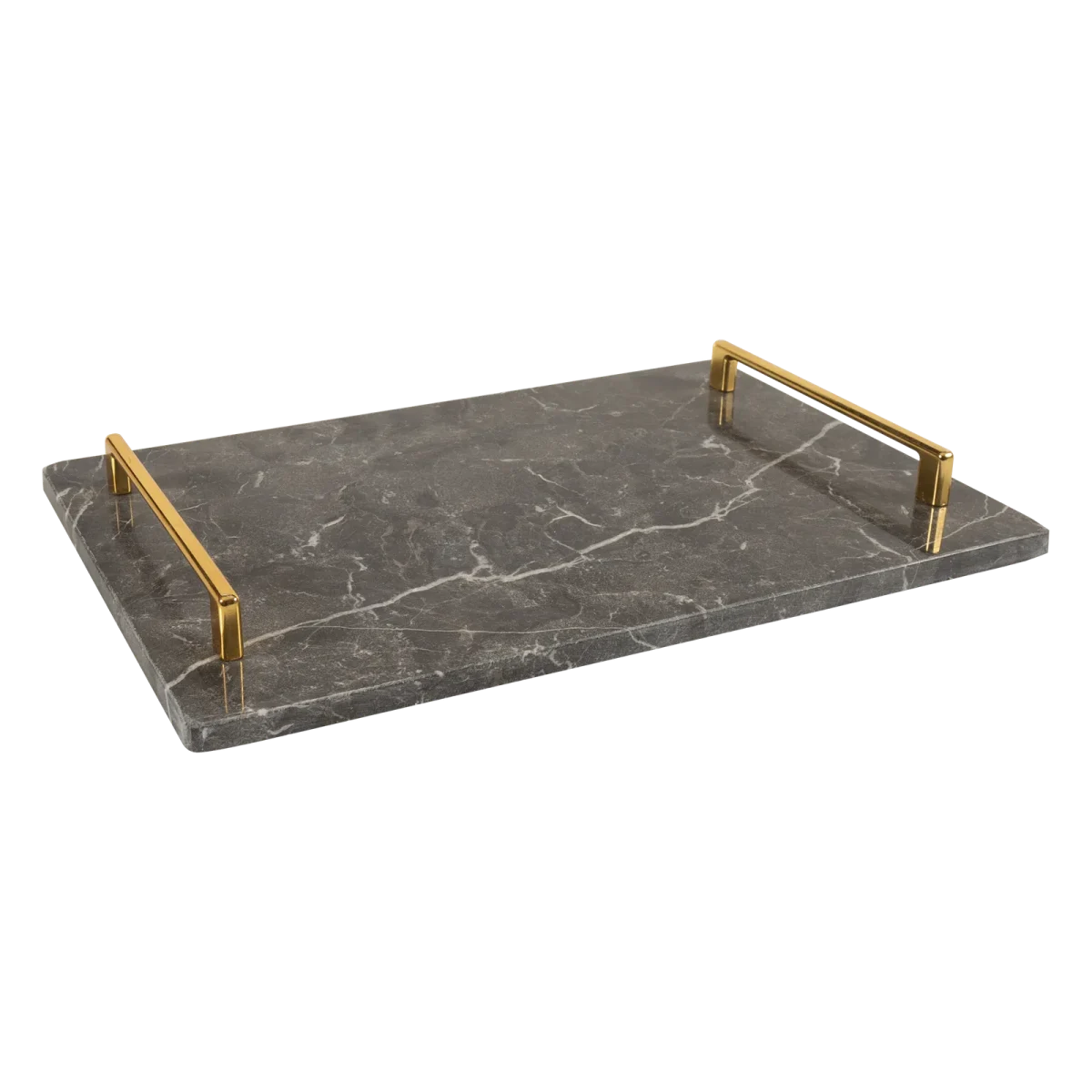 Grey Marble Rectangular Tray With Gold Square Handles