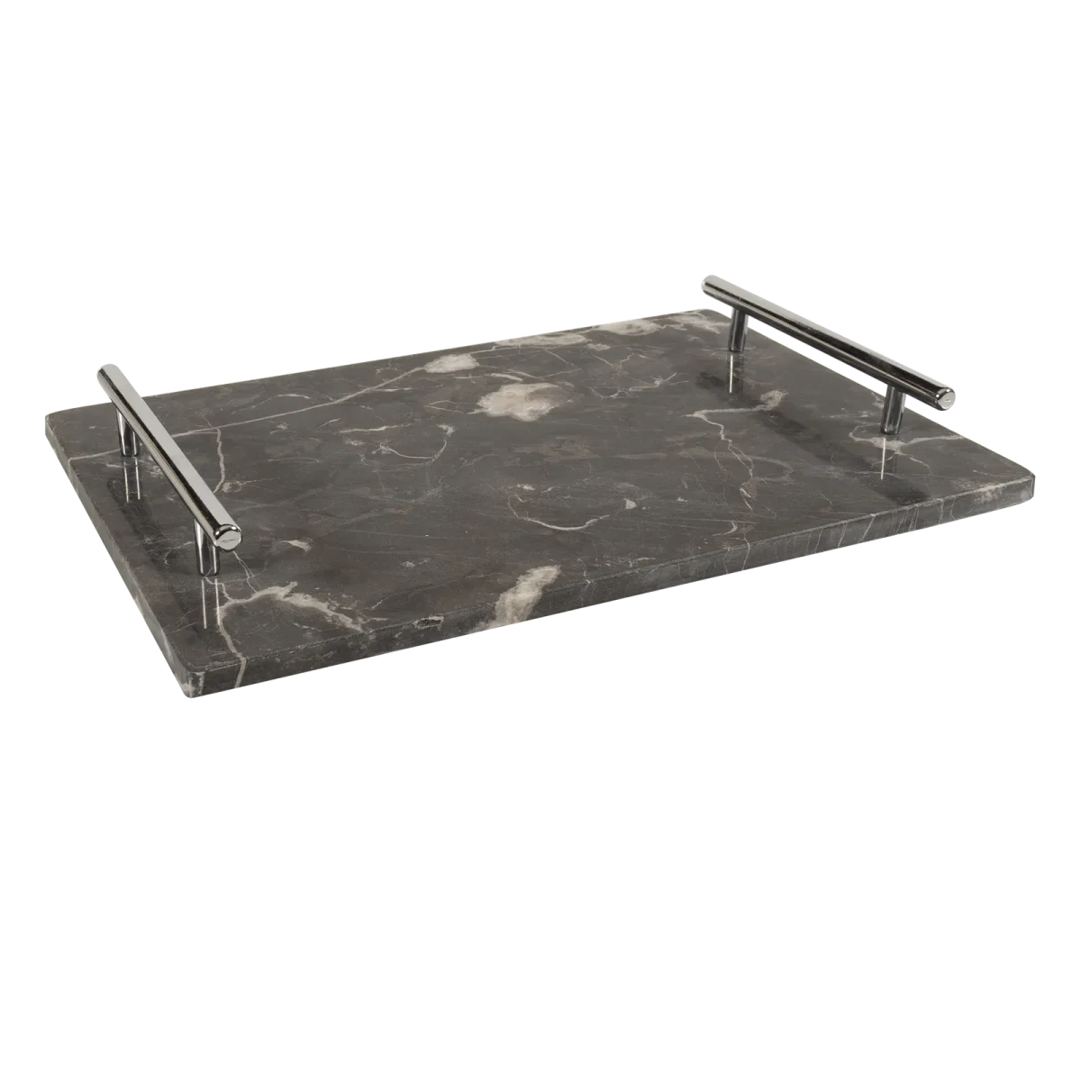 Grey Marble Rectangular Tray With Silver Bar Handles