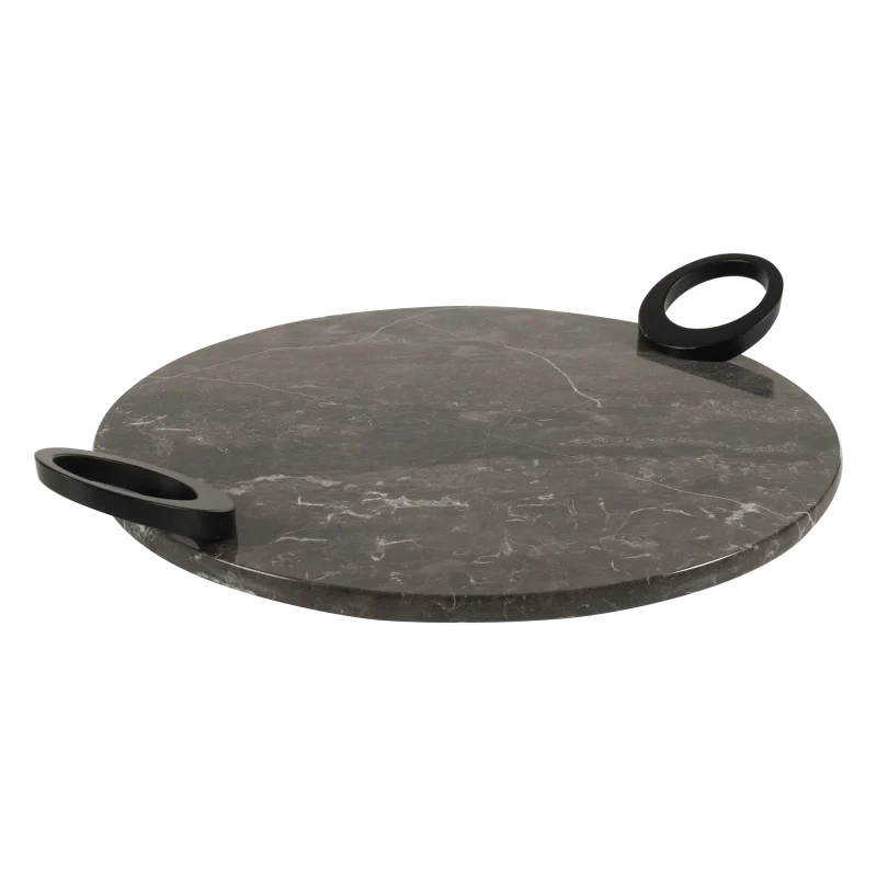 Grey Marble Round Tray With Black Oval Ring Handles