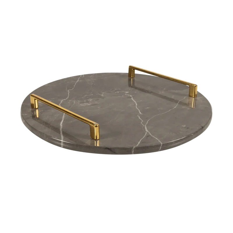 Grey Marble Round Tray With Gold Square Handles