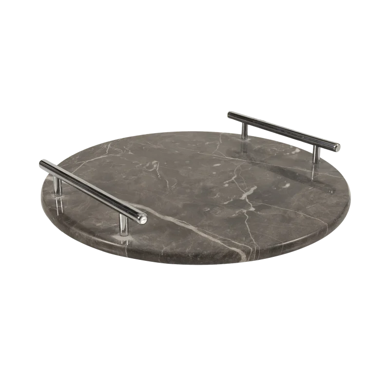 Grey Marble Round Tray With Silver Bar Handles