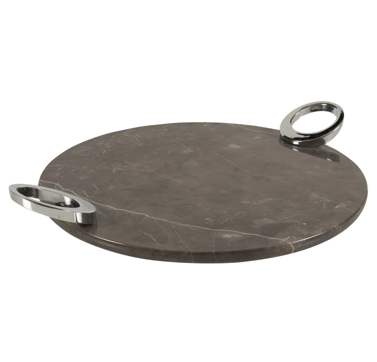 Grey Marble Round Tray With Silver Oval Ring Handles