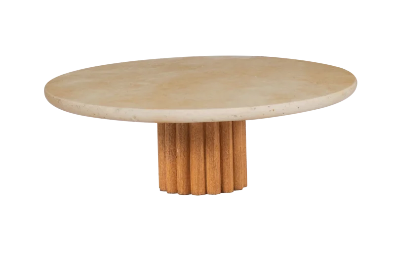 Travertine Cake Stand With Fluted Wooden Base