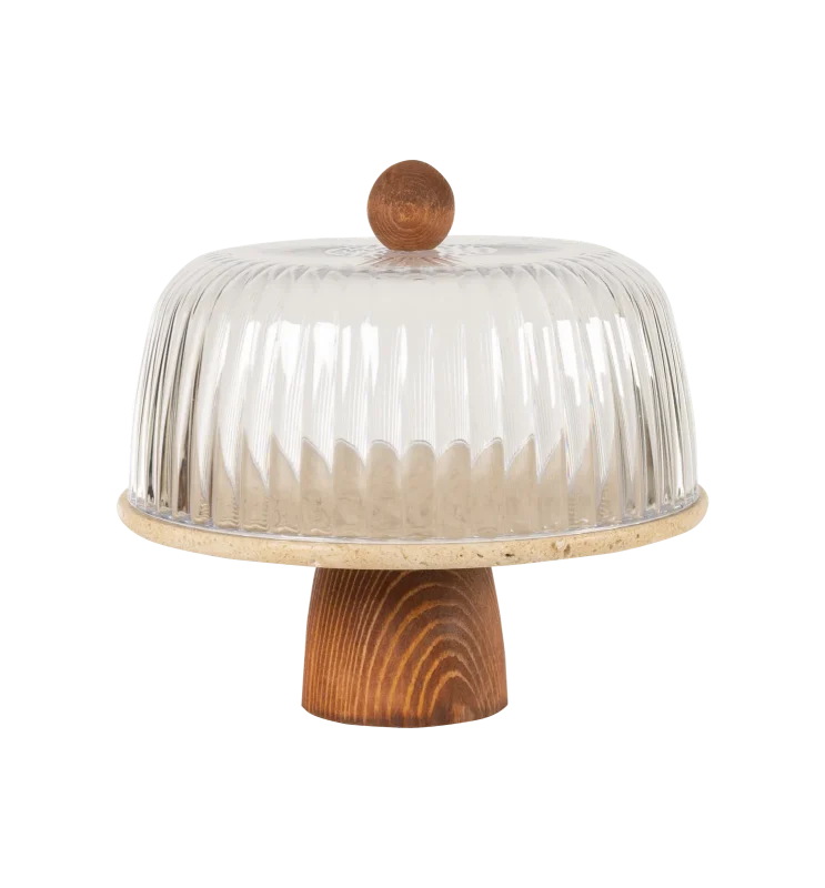 Travertine Cake Stand With Glass Dome And Natural Wooden Base