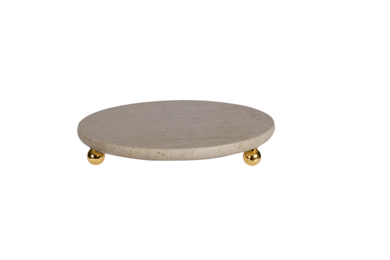 Travertine Round Tray With Gold Ball Feet