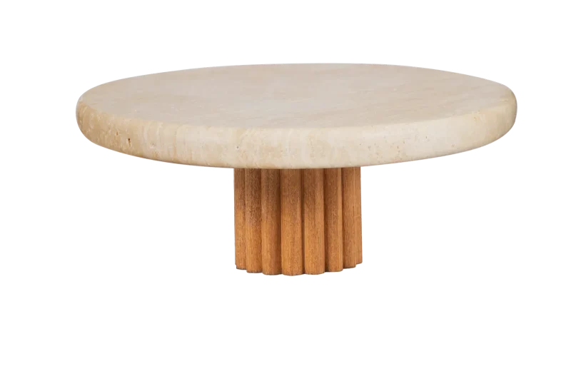 Travertine Thick Top Cake Stand With Fluted Wooden Base