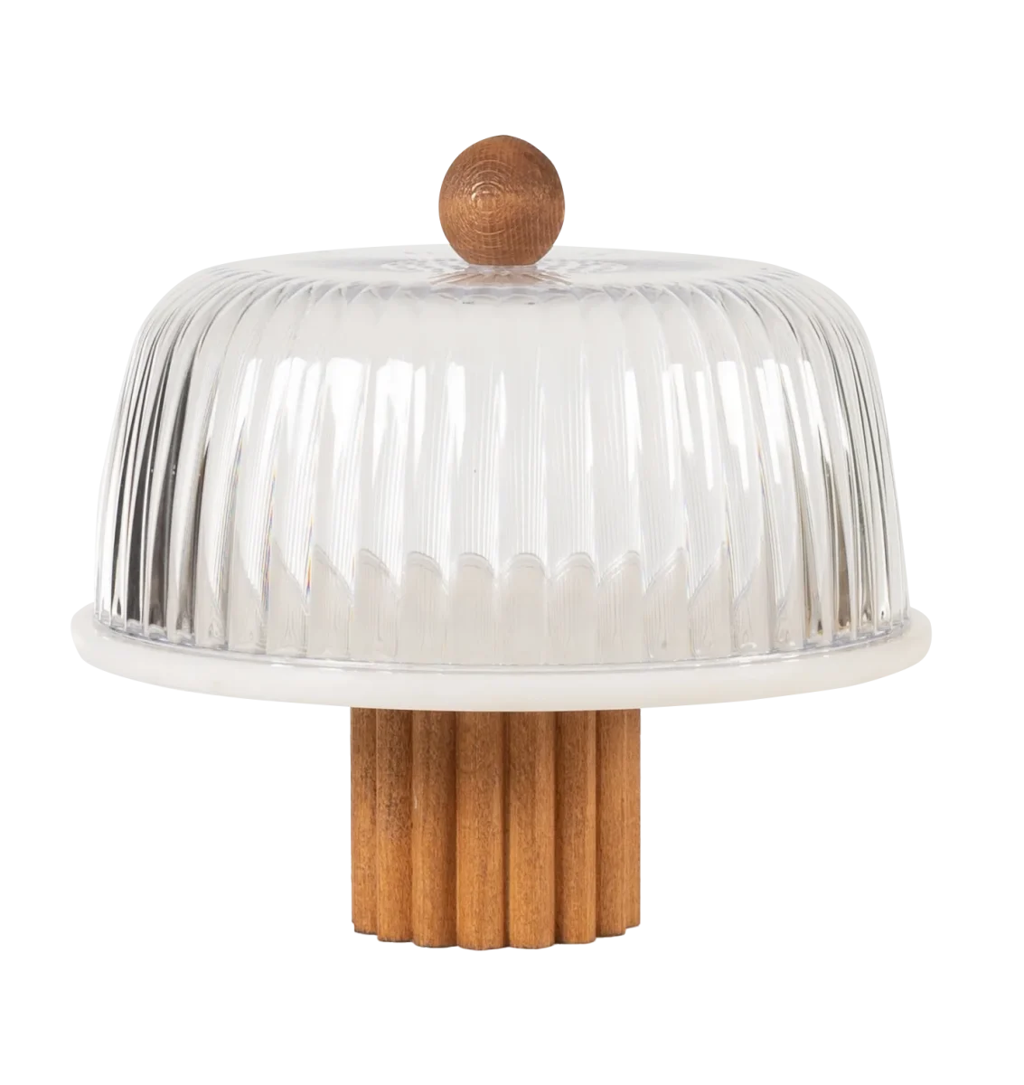 White Marble Cake Stand With Glass Dome And Fluted Wooden Base