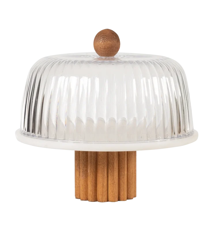 White Marble Cake Stand With Glass Dome And Fluted Wooden Base