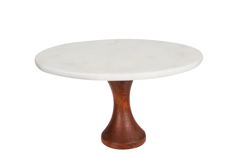 White Marble Cake Stand With Turned Wooden Pedestal