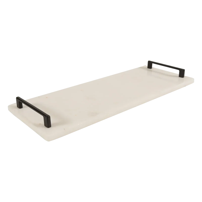 White Marble Long Tray With Black Bar Handles