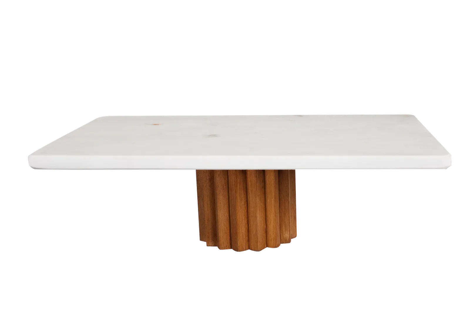 White Marble Rectangular Serving Stand With Fluted Wooden Base