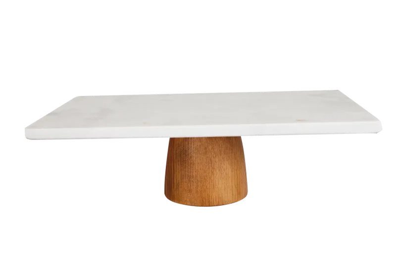 White Marble Rectangular Serving Stand With Wooden Base