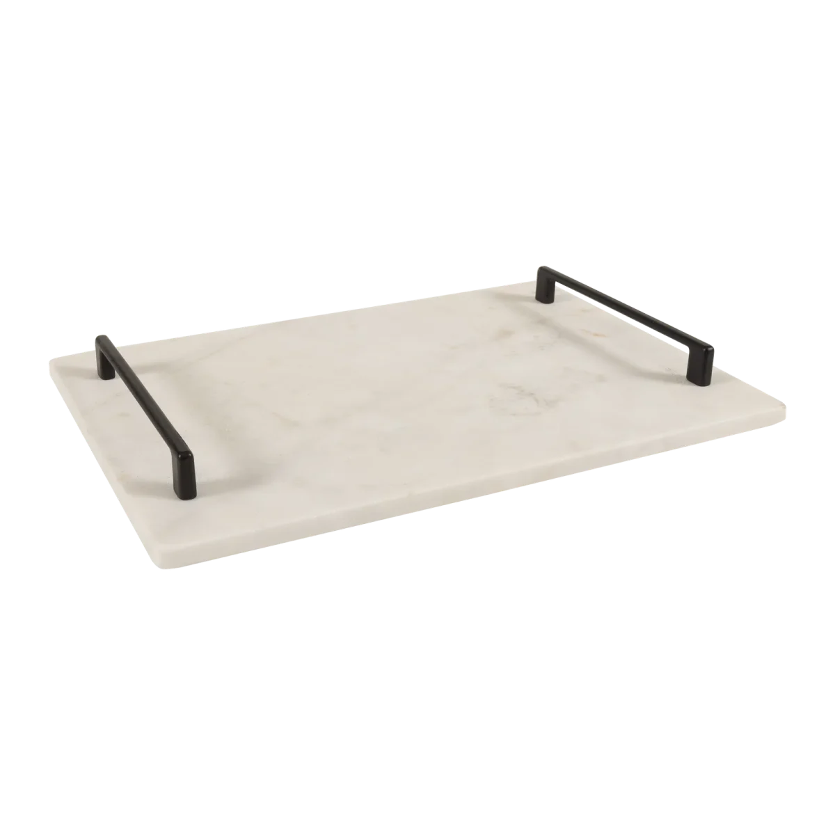 White Marble Rectangular Tray With Black Bar Handles