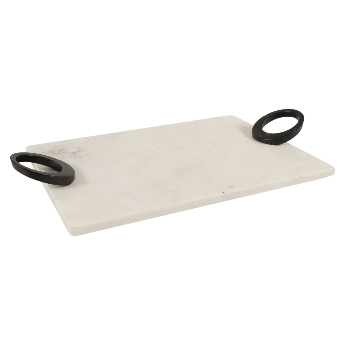 White Marble Rectangular Tray With Black Oval Ring Handles