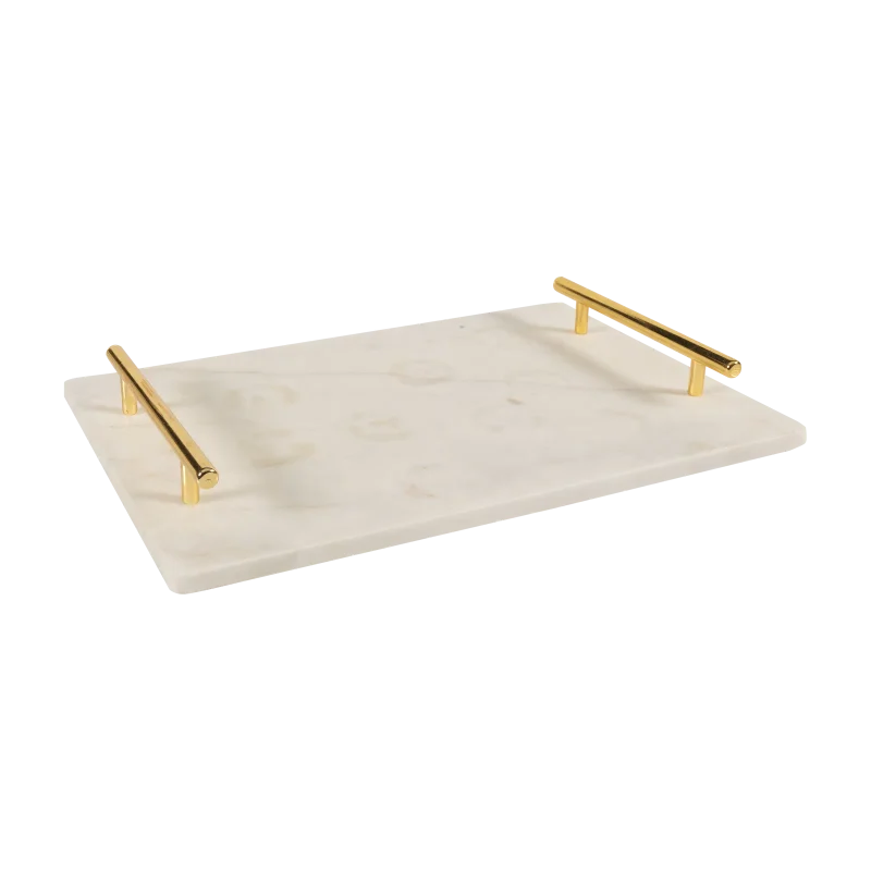 White Marble Rectangular Tray With Gold Bar Handles