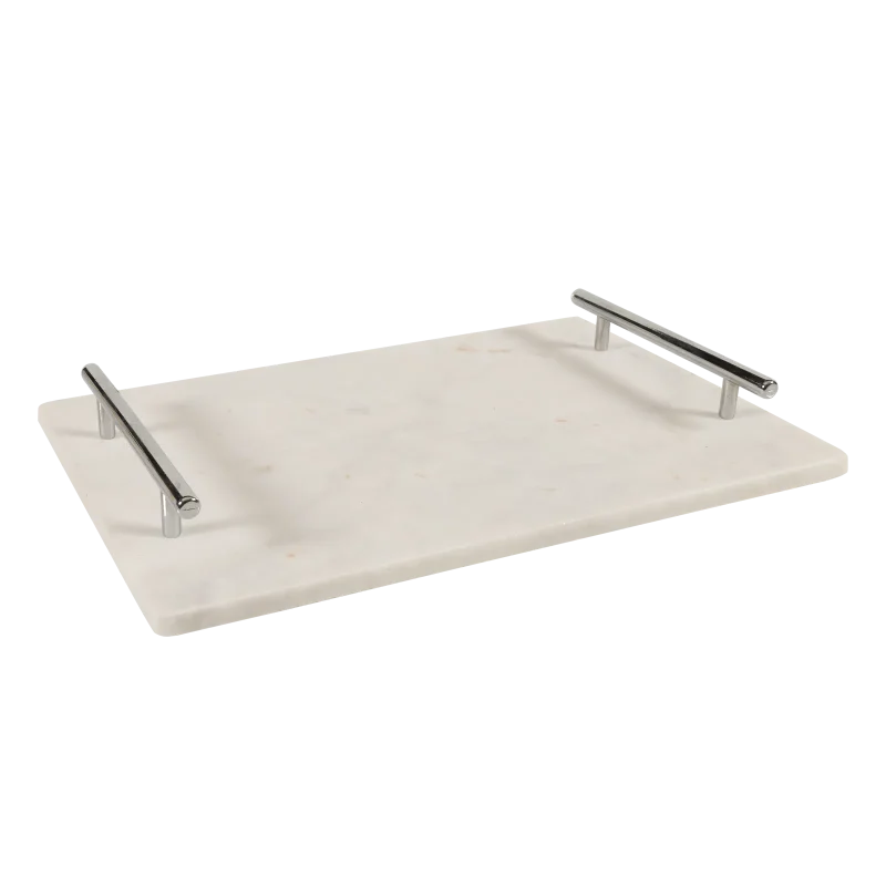 White Marble Rectangular Tray With Silver Bar Handles
