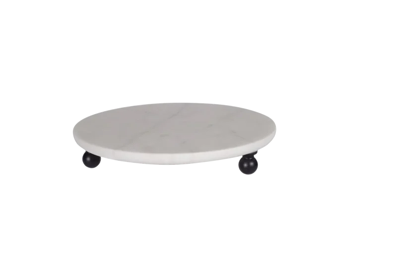 White Marble Round Tray With Black Ball Feet