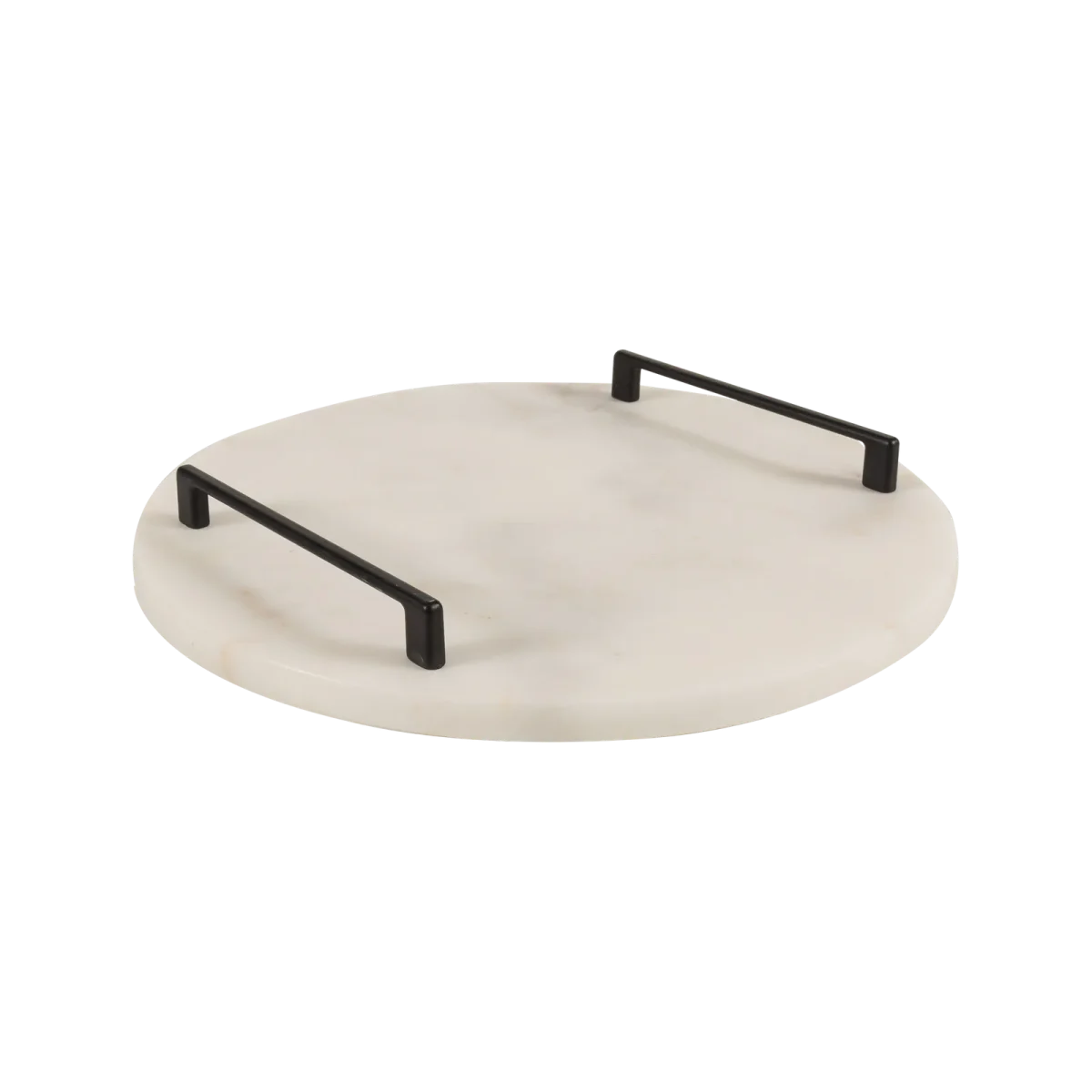 White Marble Round Tray With Black Bar Handles