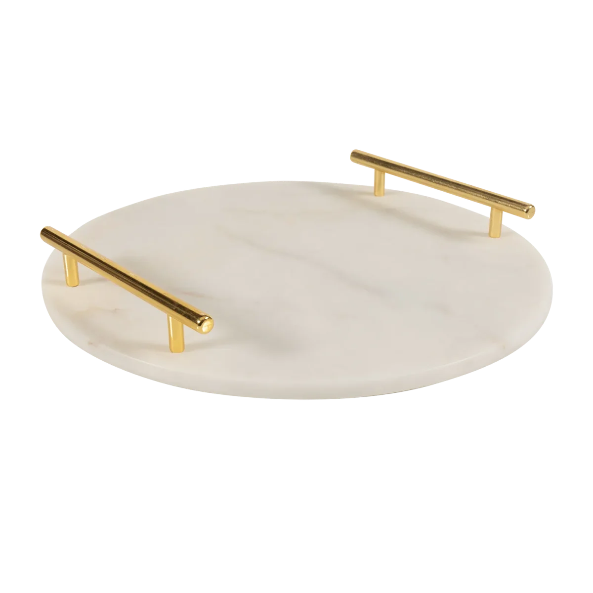 White Marble Round Tray With Gold Bar Handles