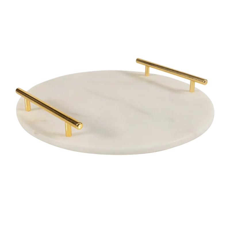 White Marble Round Tray With Gold Bar Handles