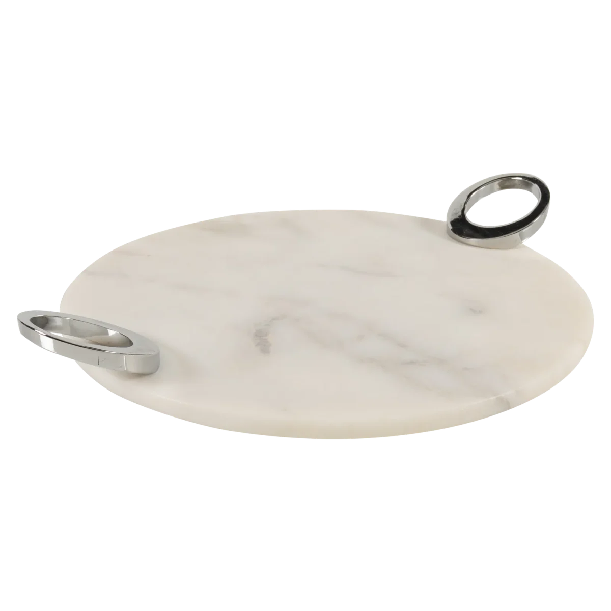 White Marble Round Tray With Silver Oval Ring Handles