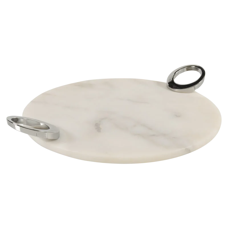 White Marble Round Tray With Silver Oval Ring Handles