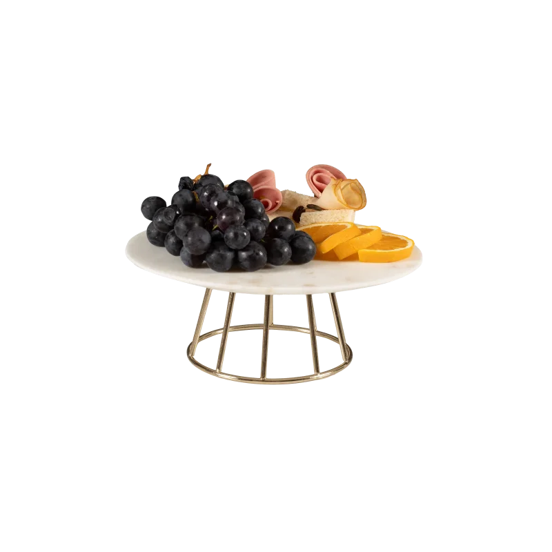 White Marble Serving Stand With Gold Wire Base