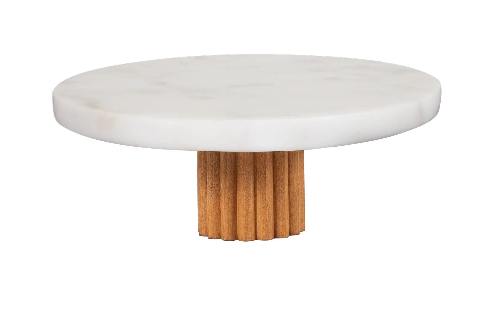 White Marble Thick Top Cake Stand With Fluted Wooden Base